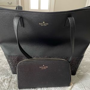 Kate Spade Greta Glitter Black Tote and Glitter Wallet NWT